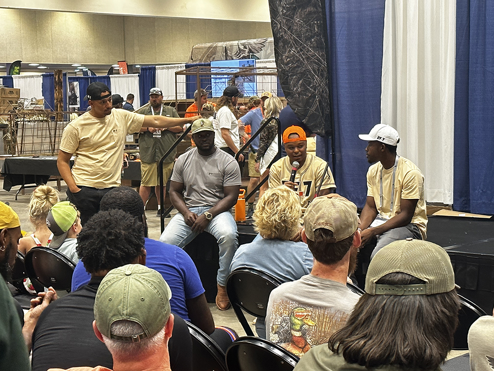 The 24/7 Hunt team excited the crowd on stage at the Duck Hunters Expo as part of the Duck Hunters Stage.